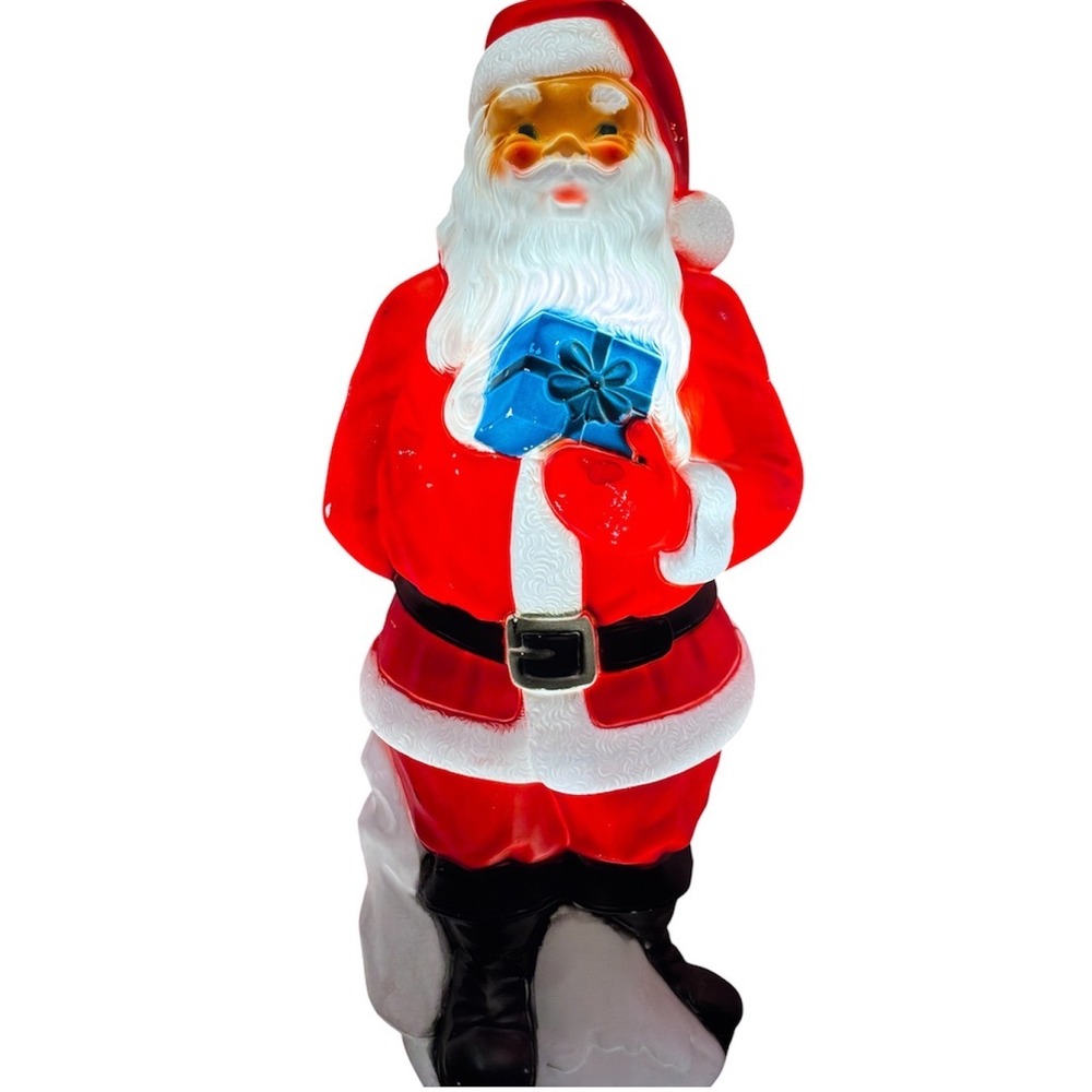 Vintage General Foam Plastics 33" Santa W/ Blue Gift white Bag Blow Mold Light